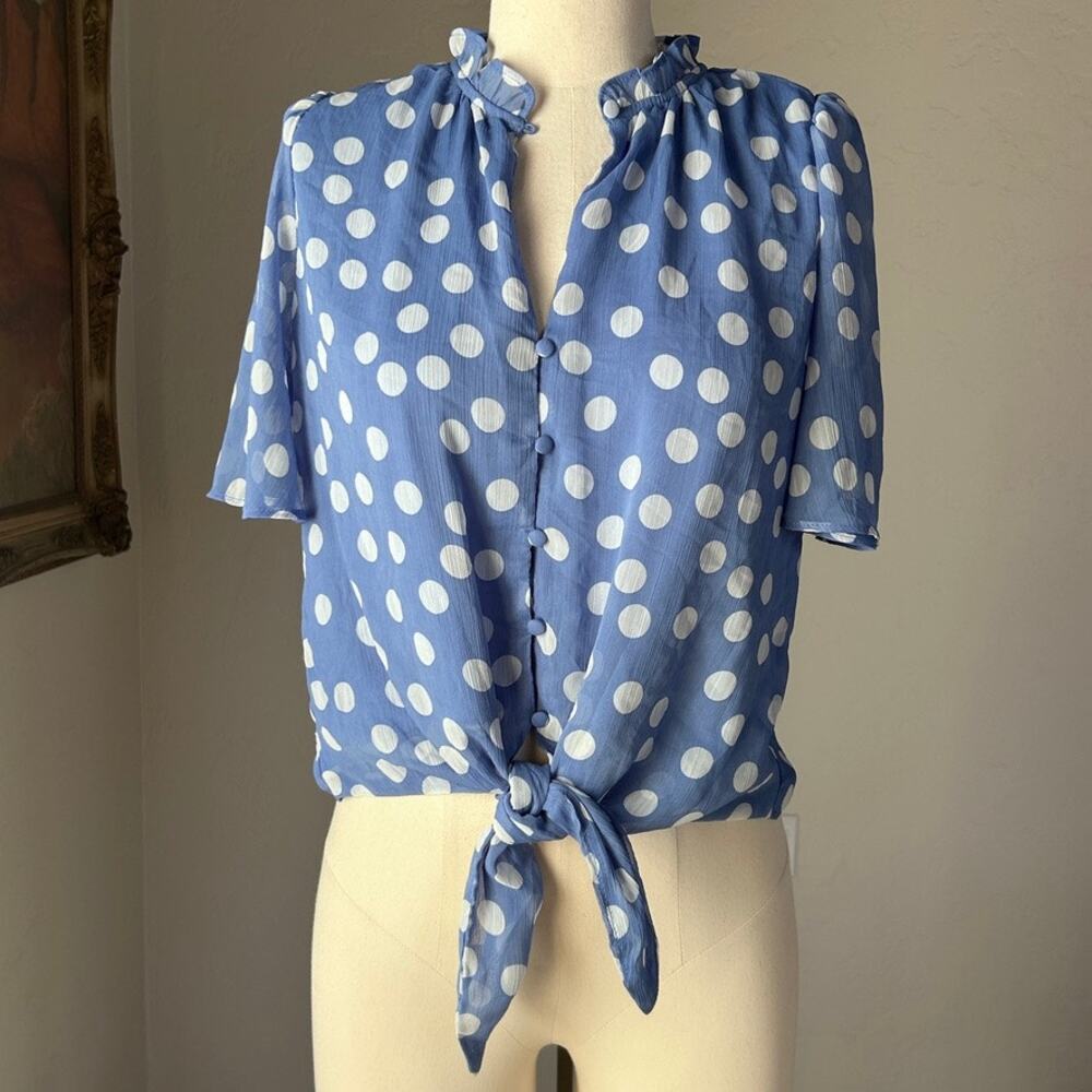 Blue Polka Dot Top Tie Front Flutter Sleeve Romantic Coastal Retro Summer XS